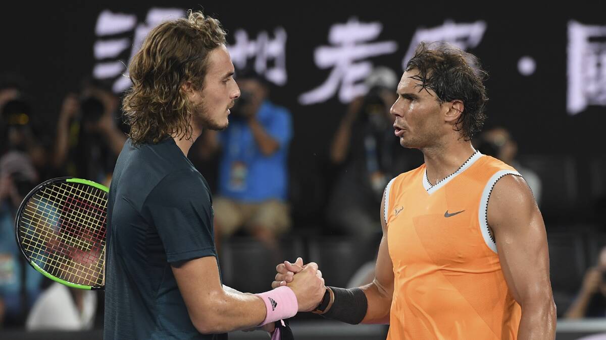 ACE: Rafael Nadal is congratulated by Stefanos Tsitsipas. While Rafa doesn't play for Australia, Yvonne Rance says he's welcome 'as one of our own'. Picture: Andy Brownbill
