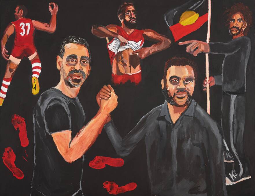 WINNER: The Archibald Prize winner "Stand strong for who you are" (left). The painting is by Vincent Namatjira, depicting Adam Goodes. PHOTO: Contributed