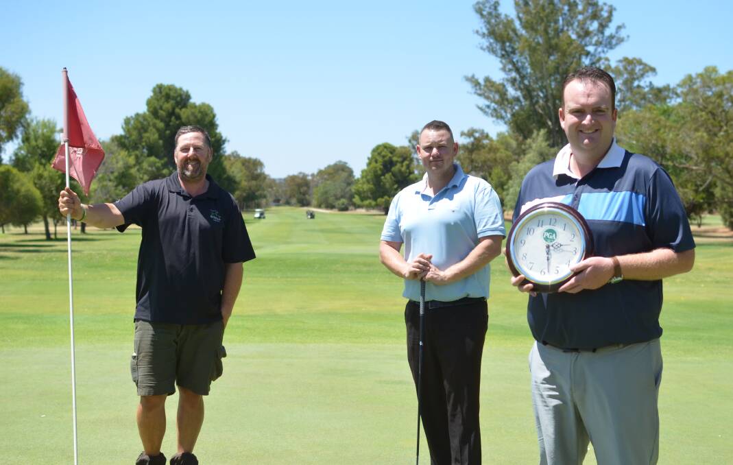TAKING THE TIME: Griffith Golf Club course superintendent Jason Magoci, club director Josh Stapleton and club professional James Lethlean will be spending 12 hours on the course to raise money for the Cancer Council.
