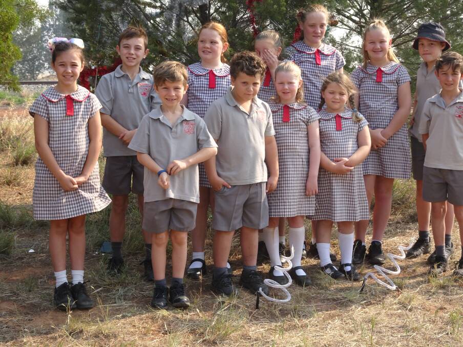 Binya Public School students Natalie Kite (back, left), Charles Kite, Macey Curran, Ella Rowney, Alannah Curran, Millie Rowston, Tom Curran, Jonty Conlan (front, left), Noah Bianchini, Jessica Kite and Catherine Bianchini have continued the decade-long tradition of decorating a roadside Christmas tree. PHOTO: Jan Evans