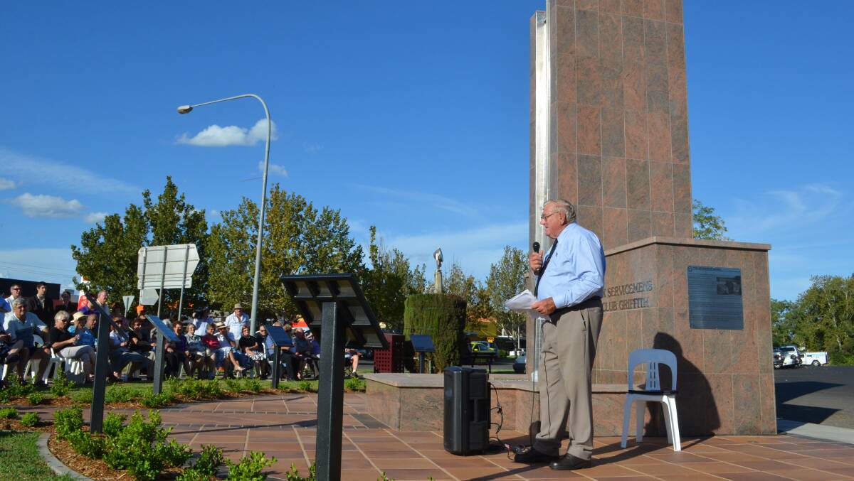 Jim McGann speaking during the opening of the Griffith Pioneers monument in 2012. PHOTO: The Area News archives.