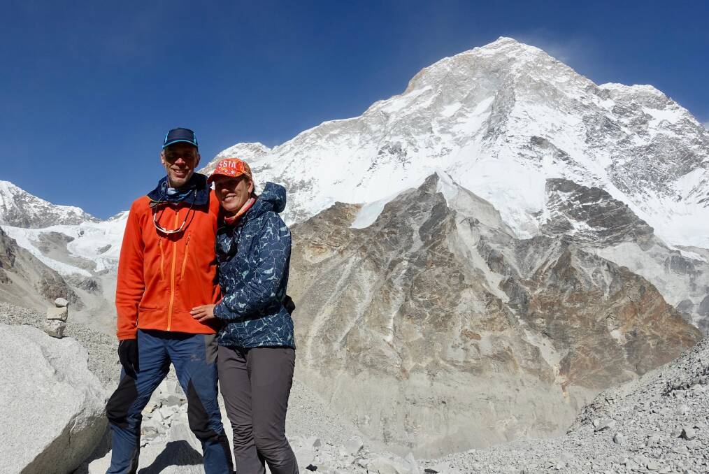 Matthew and Anna Ross with the fifth-highest mountain in the world, Mount Makalu in the background. PHOTO: Anna and Matthew Ross