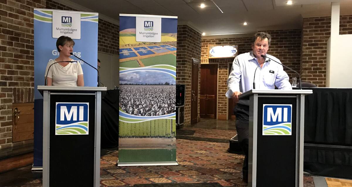 GOALS: Murrumbidgee Irrigation's chairman Nayce Dalton (right) addresses the AGM as MI's finance general manager Helen Bourne watches on. PHOTO: Contributed