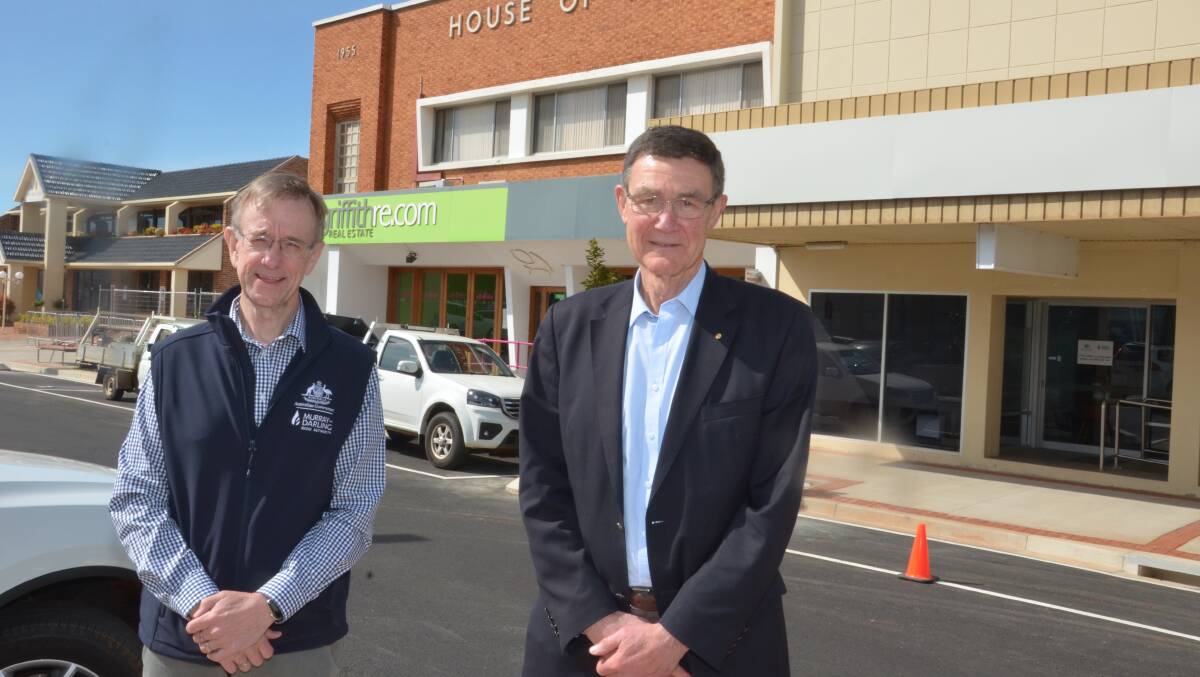 ON TOUR: The Murray Darling Basin Authority's new chairman Sir Angus Houston (right) with CEO Phillip Glyde outside MDBA's Yambil Street office. PHOTO: Declan Rurenga