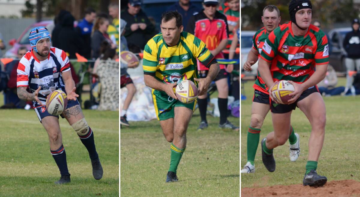 KNOCKOUT: Mark Carmichael playing for Ivanhoe, Narrandera's Troy Prior and Billy Hale in action for Goolgowi last year. PHOTOS: Liam Warren