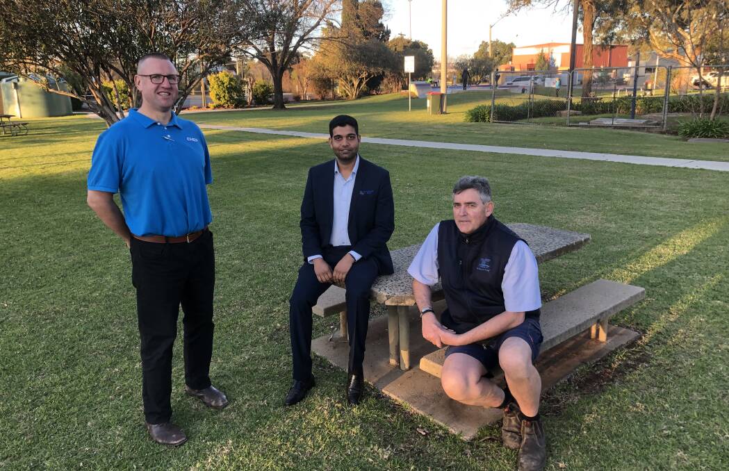 THREE OF A KIND: Councillor Doug Curran, Ricky Chugha and Laurie Testoni announce their intention to run for Griffith City Council at the September 4 election. PHOTO: Declan Rurenga