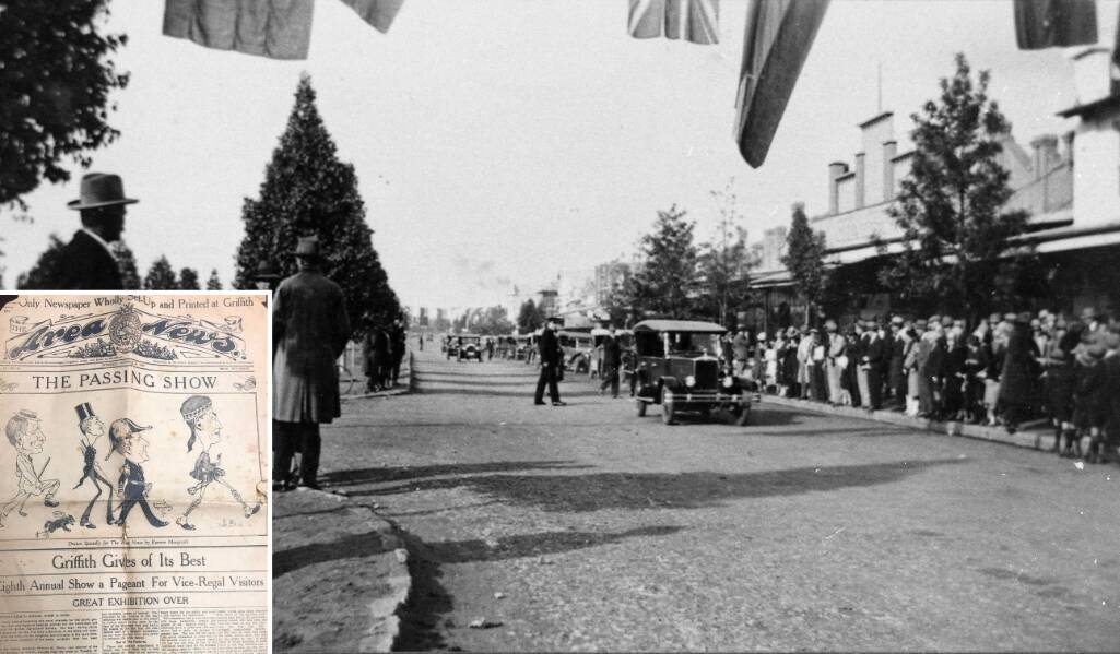CROWD: Residents flock Banna Avenue to see the NSW Governor in 1926. INSET: The front page of The Area News on October 21, 1926.