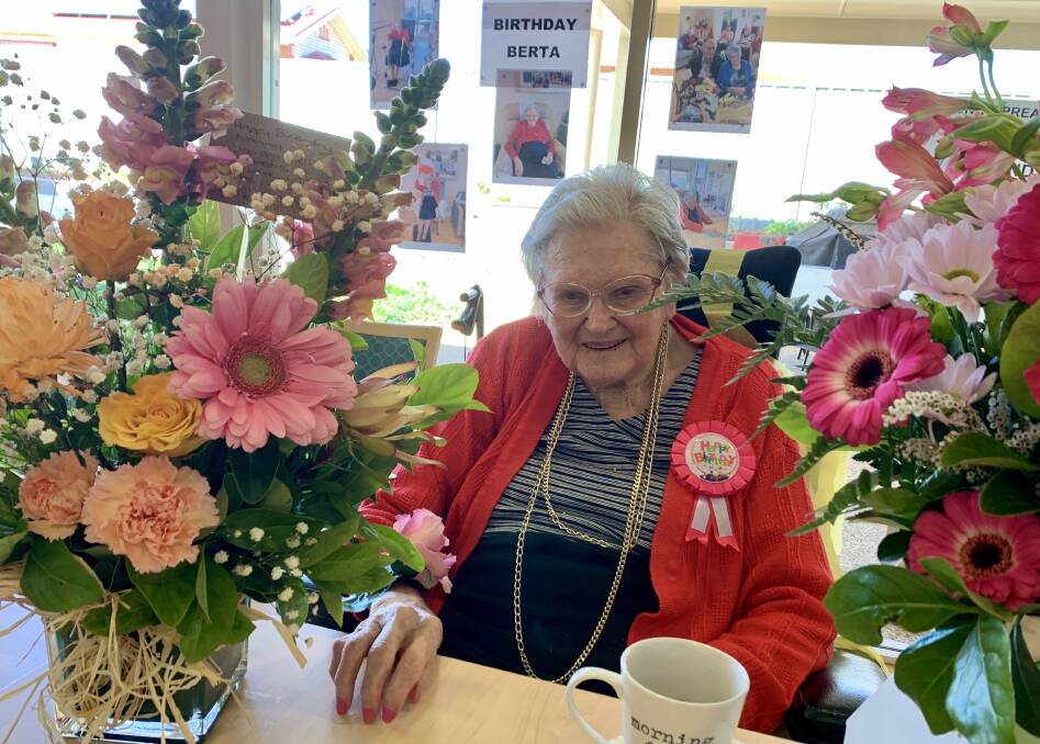 Griffith's Berta Johnstone celebrates her 104th birthday at Pioneers Lodge Settler's unit. PHOTO: Contributed