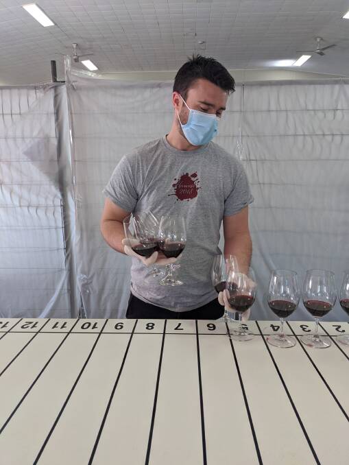 Steward Calvin Foster places some red wine varieties out for judging at the Riverina Wine Show. PHOTO: Contributed