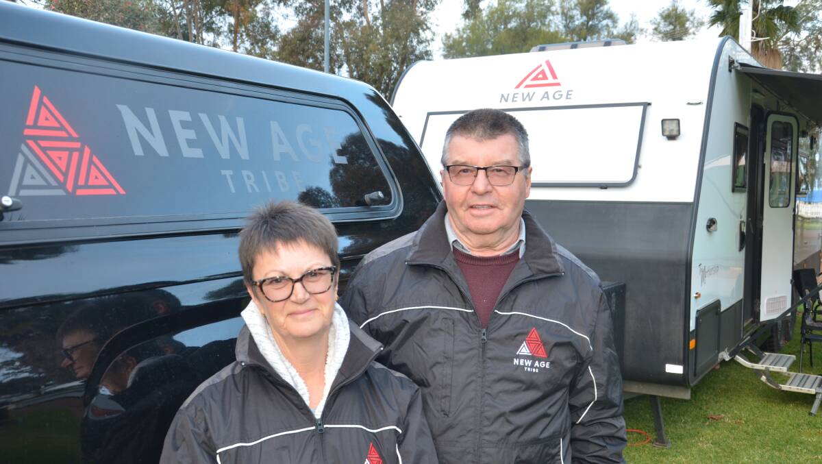 SOCIAL CLUB: Lyndel and Bryan Crow from the New Age Caravans owners club - the New Age Tribe have stopped in Griffith with other members as part of a mission to plan future events. PHOTO: Declan Rurenga