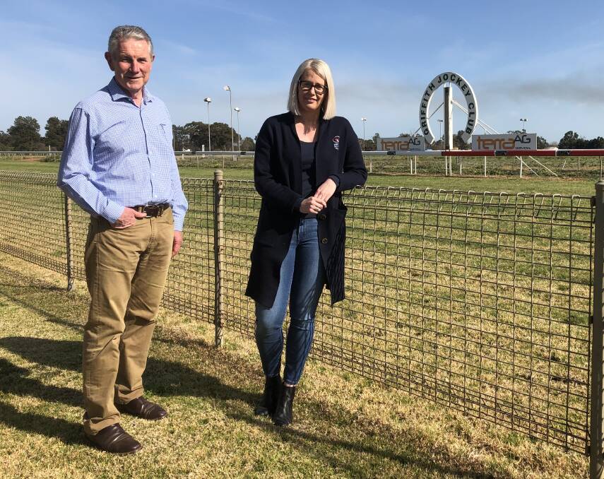 TRACKSIDE: Griffith Jockey Club president Bernie Connolly and vice-president Renae Testoni have been preparing for a race meeting without spectators. PHOTO: Declan Rurenga