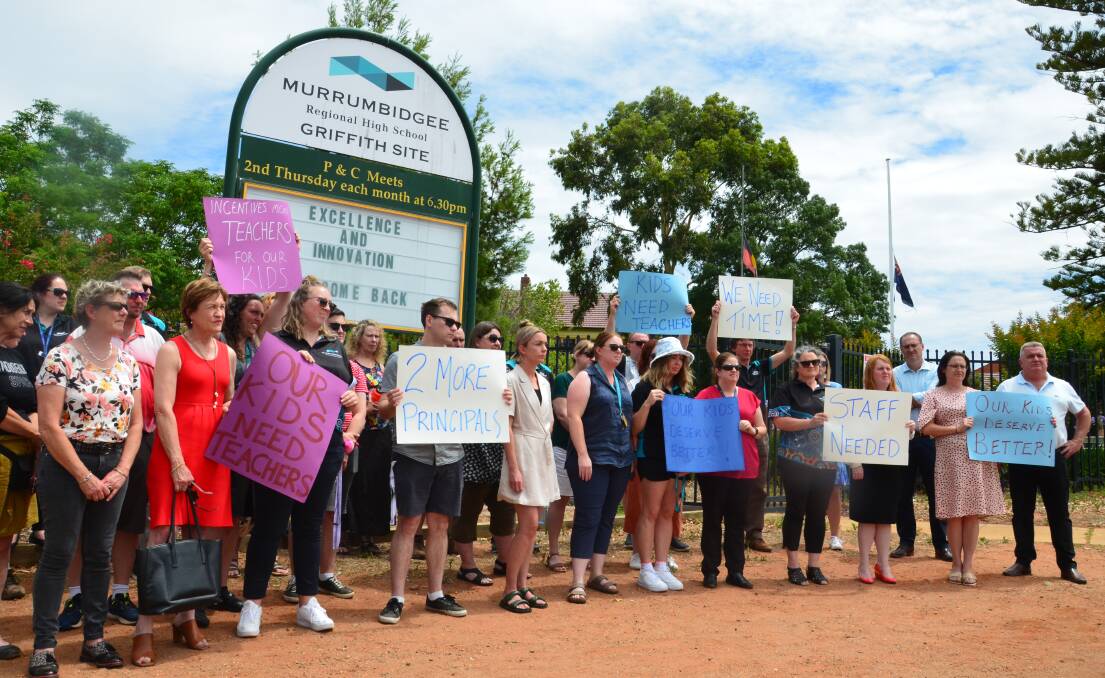TIME FOR ACTION: Teachers at Murrumbidgee Regional High School's Griffith site demand to be heard on teacher incentives and leadership. PHOTO: Declan Rurenga