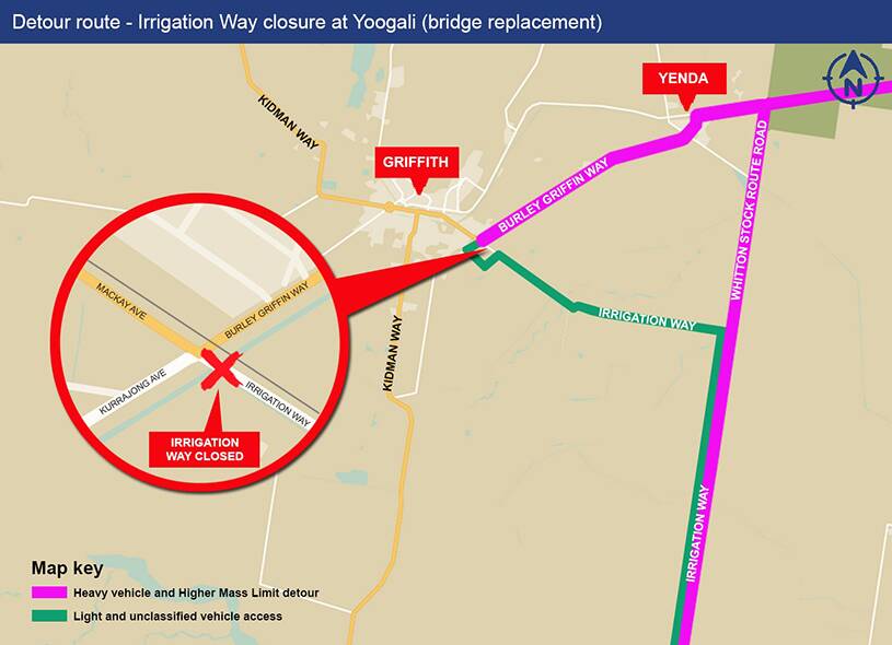 The diversions set to be put in place from May 18 for the Yoogali intersection bridge replacement. IMAGE: Roads and Maritime Services