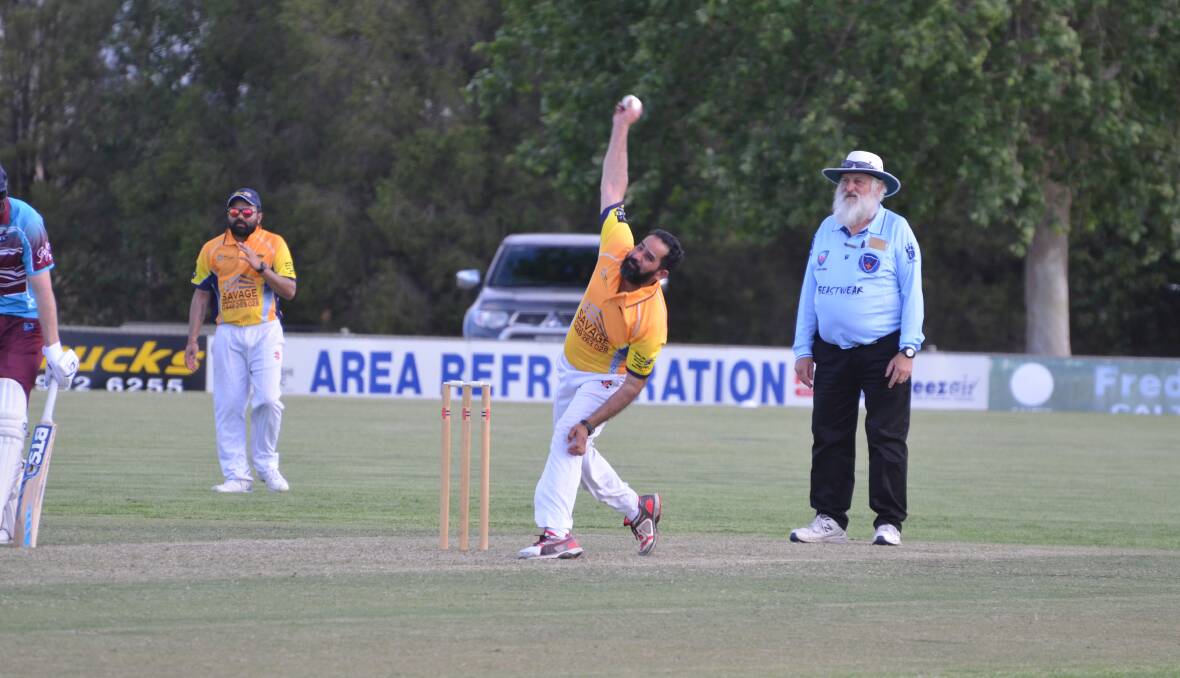 DOUBLE: Satwinder 'Raj' Singh bowling for Leagues Panthers on Saturday. Singh took the wickets of Luke Docherty and Angus Bartter. PHOTO: Declan Rurenga