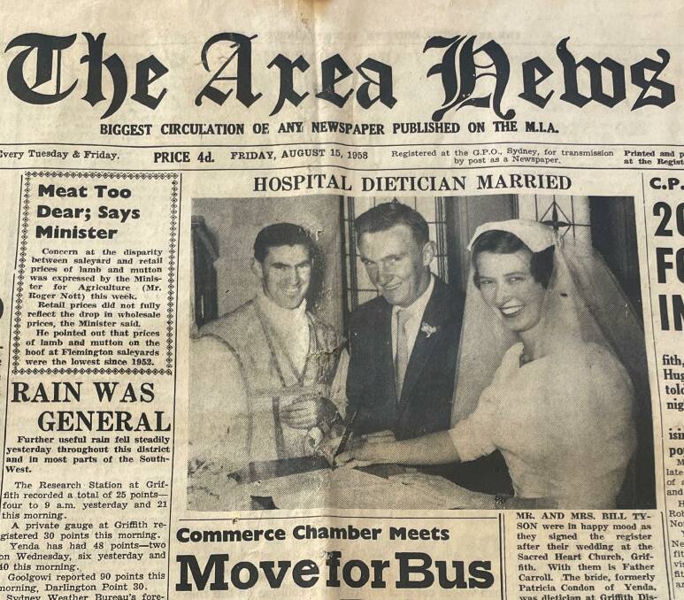 The front page of The Area News following the marriage of Pat and Bill Tyson. PHOTO: Contributed