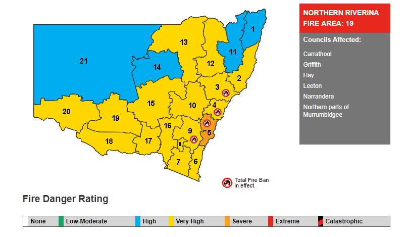 NSW RFS fire danger ratings for Friday across the state - Griffith, Leeton, Hay and Murrumbidgee shires are in region 19 - the Northern Riverina.