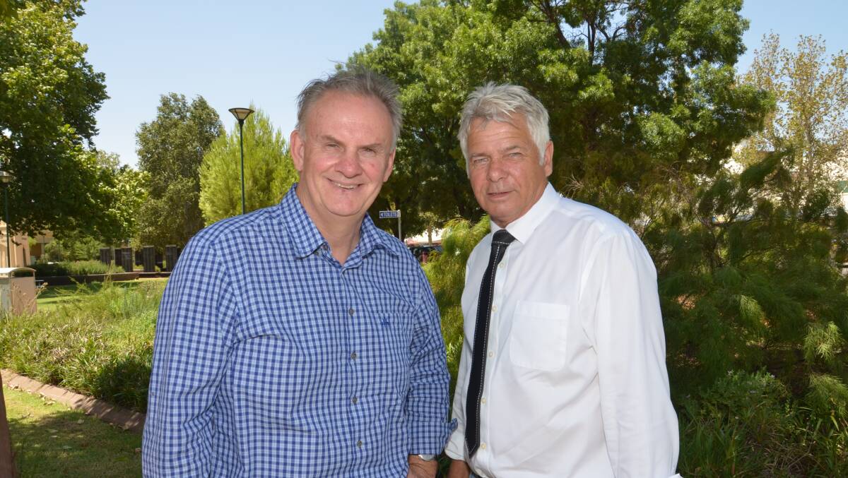 LOOKING TO MARCH: One Nation's Mark Latham with candidate for the Murray electorate Thomas Weyrich. Picture: Declan Rurenga