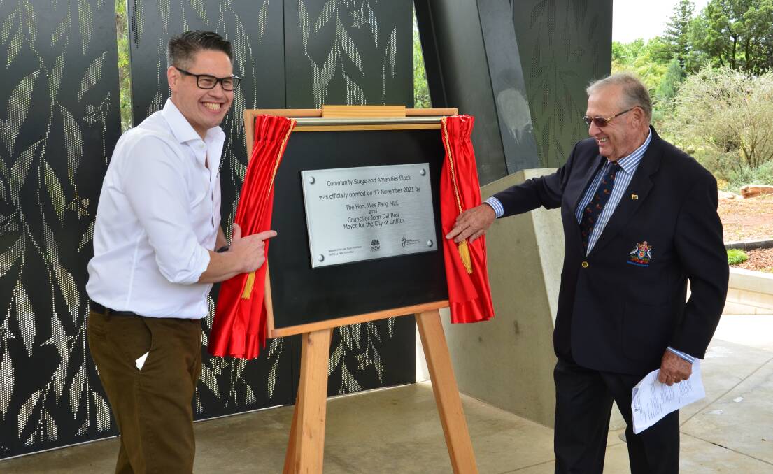 RUNS ON THE BOARD: NSW Upperhouse parliamentarian Wes Fang and Griffith mayor John Dal Broi officially open the Community Gardens stage on Saturday. PHOTO: Declan Rurenga