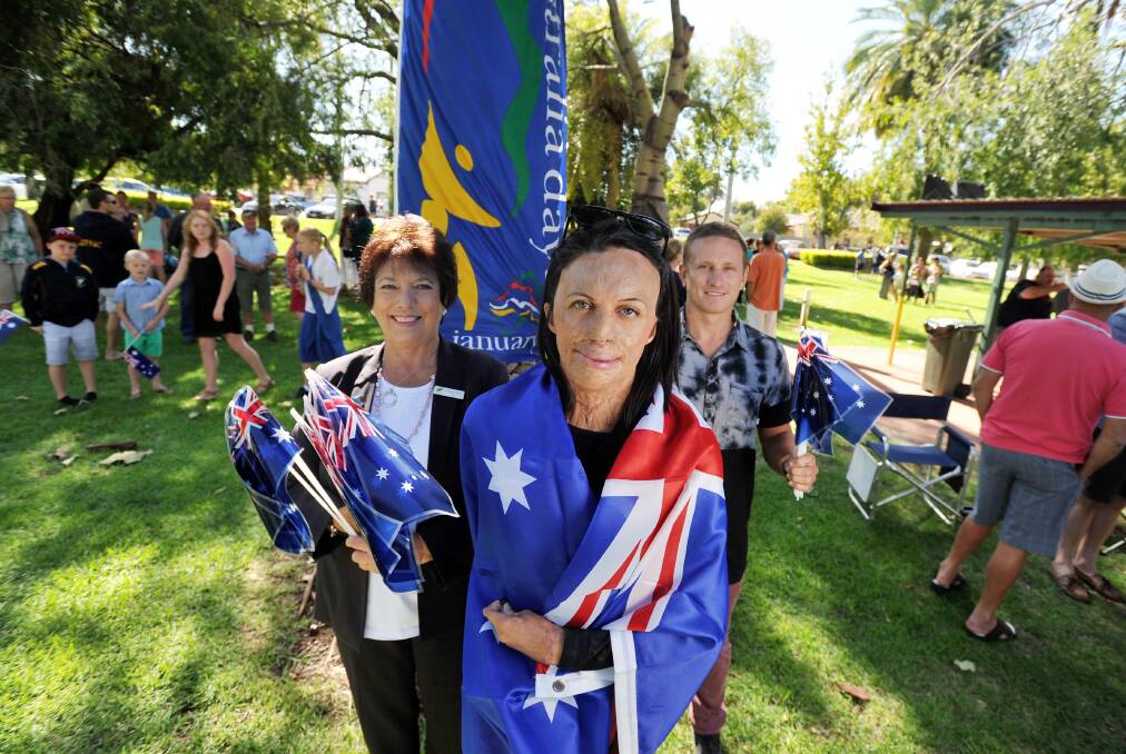 Narrandera mayor Jenny Clarke, guest speaker Turia Pitt and her partner Michael Hoskin at the Australia Day Celebrations in Narrandera. Picture: Alastair Brook