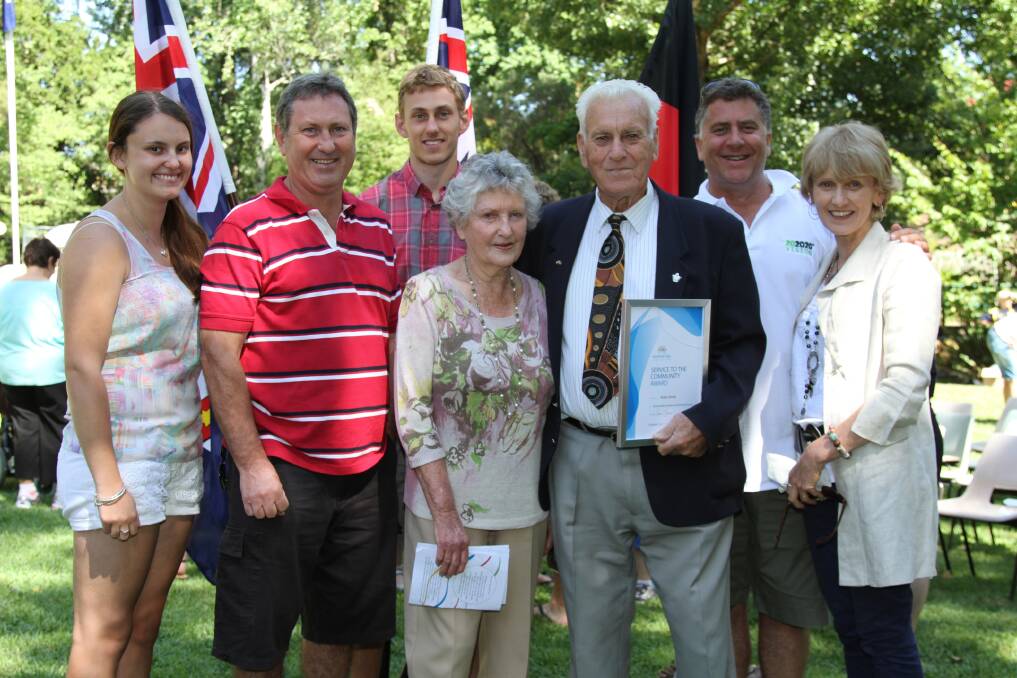 Joint recipient of the Tumut Shire Service to Community Award  Robin Bridle with his wife Jesse and other family members. Australia Day in Tumut. Picture: Contributed