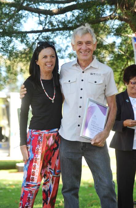 Neville Kschenka with Turia Pitt at the Australia Day Celebrations in Narrandera. Picture: Alastair Brook
