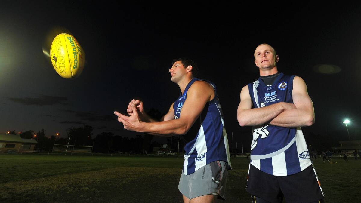 Temora veterans Scott Blackwell and Michael Oliver at their final training run with the Kangaroos after announcing their retirement. Picture: The Daily Advertiser