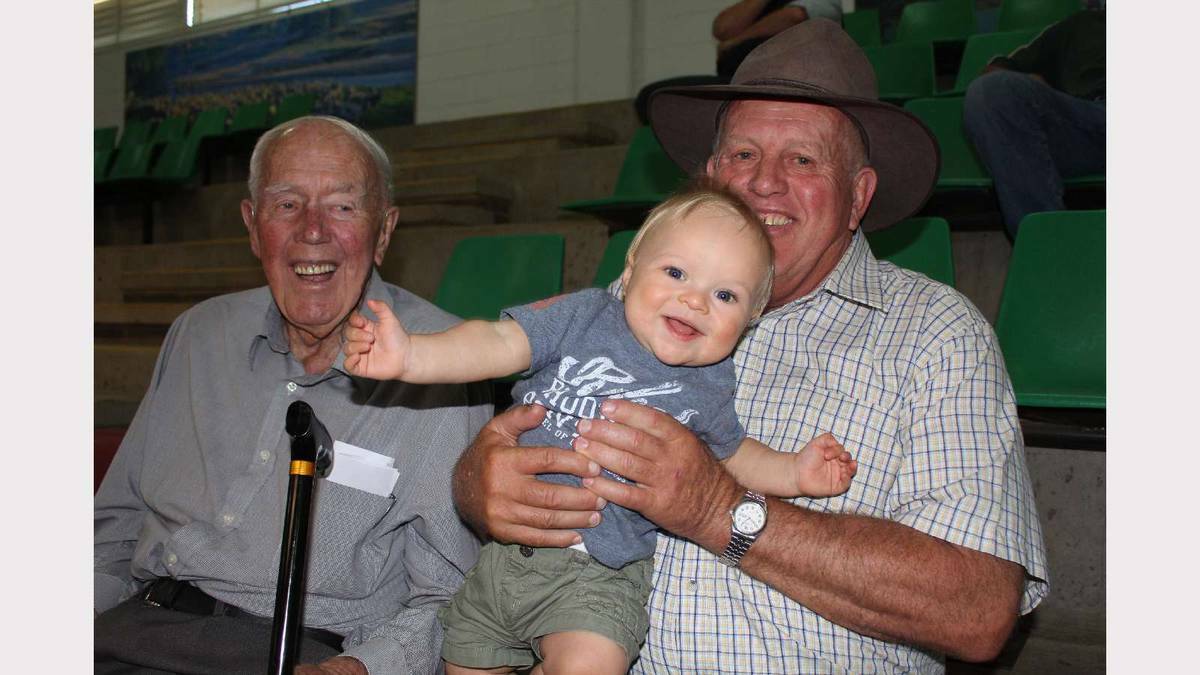 Great grandfather Stan, grandfather Raymond and grandson Cooper Henwod 10-months at the Wagga cattle sale. Picture: The Rural