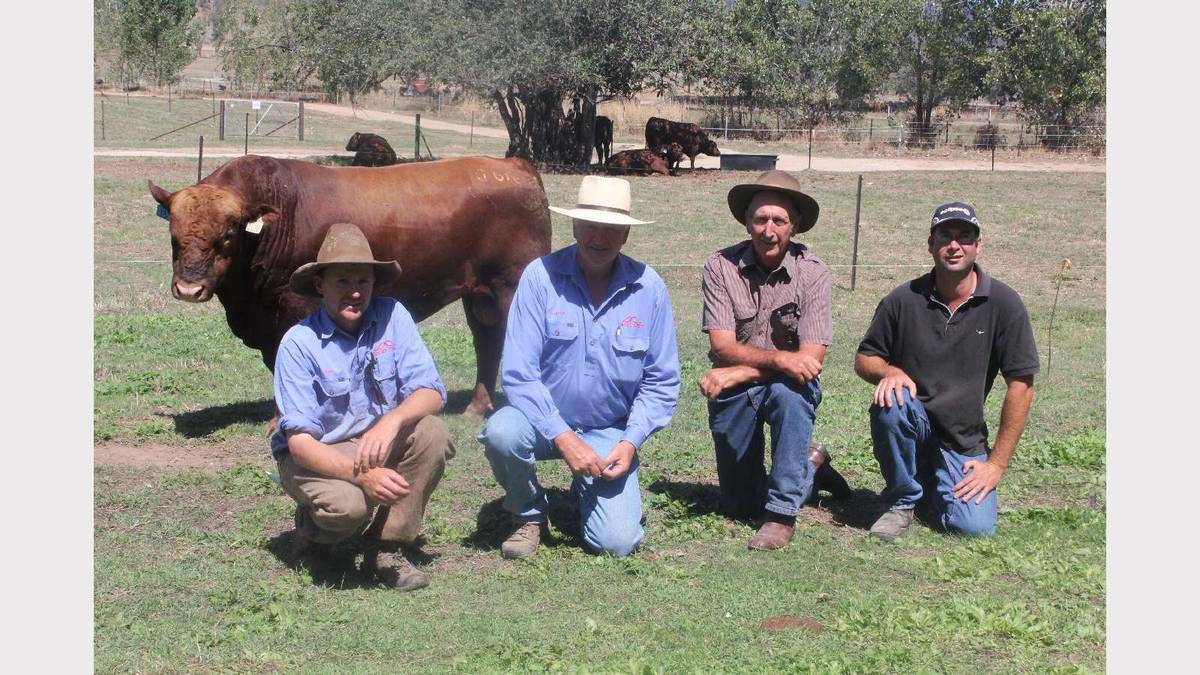 Tom and Andrew Hicks with new owners of ABC G616 that sold for $5000 Colin and Stephen Parker who have been buying from Hicks for 15 years. Picture: The Rural