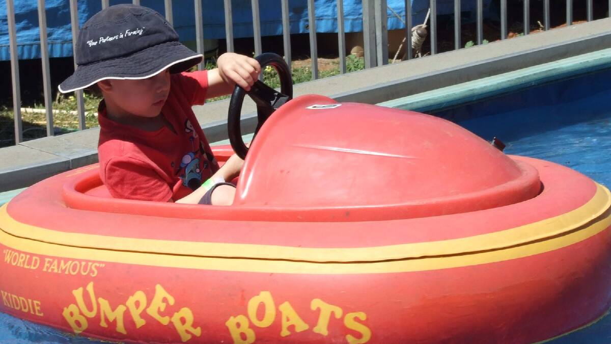 Jack Johns, 5, is a picture of concentration on the bumper boats at the Griffith Show.