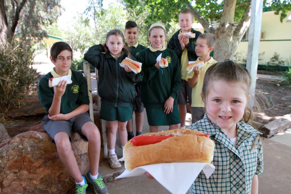 HELPING HAND: Lake Wyangan Public School students (front) Sophie Hilton and (back) Josef Macedone, Darcey Crawford-Ross, Laurence Catanzariti, Molly Zambon, Anthony Carusi and Ben O'Connor helped raise funds for NSW fire victims last week when the school held a hot dog fundraiser. 	Picture: Anthony Stipo