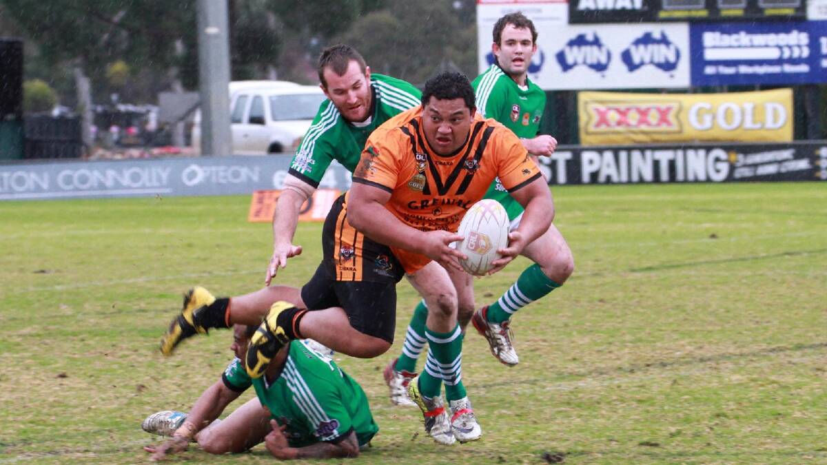 Andrew Ngu storms through the Leeton defence in a Waratahs home game against the Greens in July. Picture: Anthony Stipo